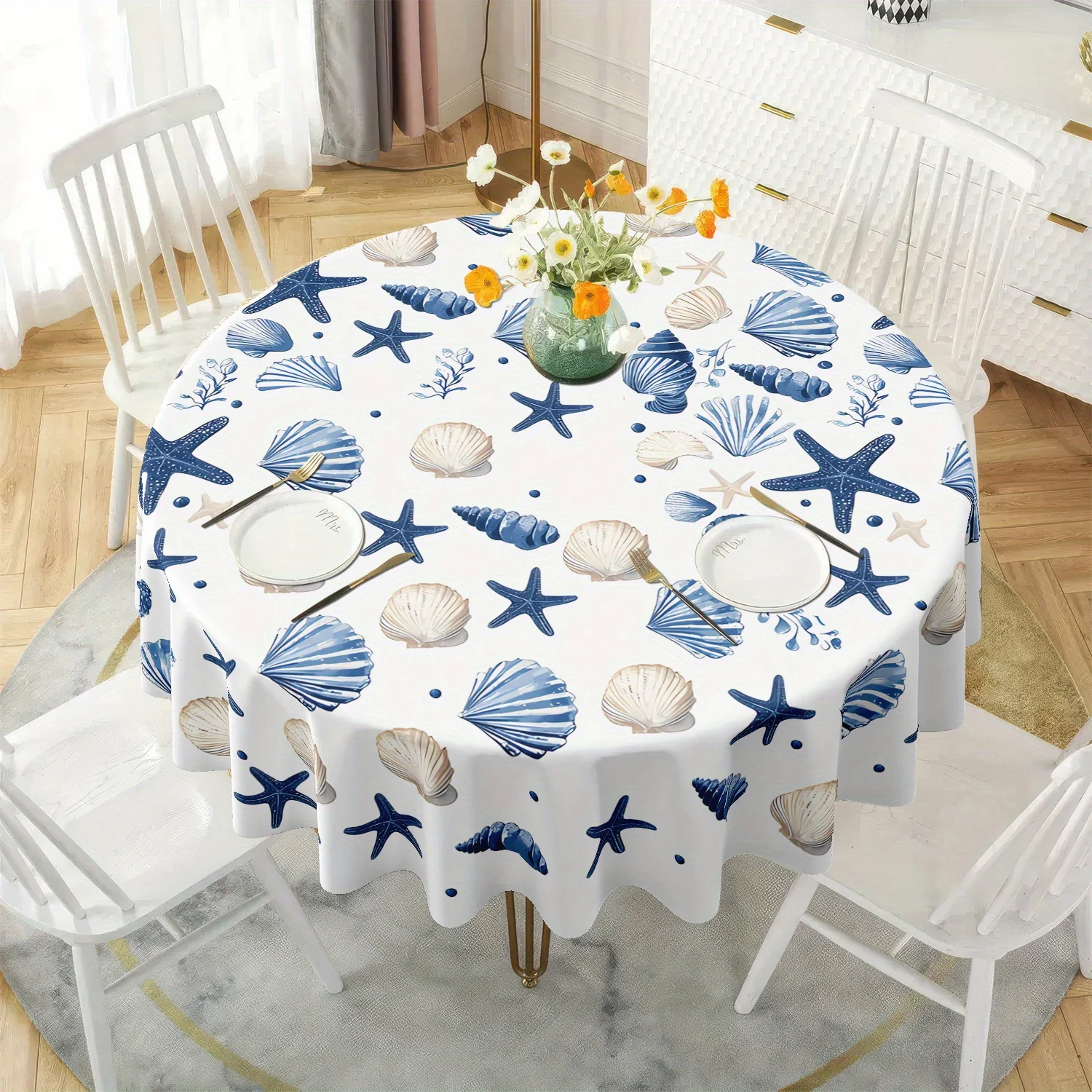 1 round tablecloth, shell and starfish pattern - seaside theme, durable polyester woven fabric