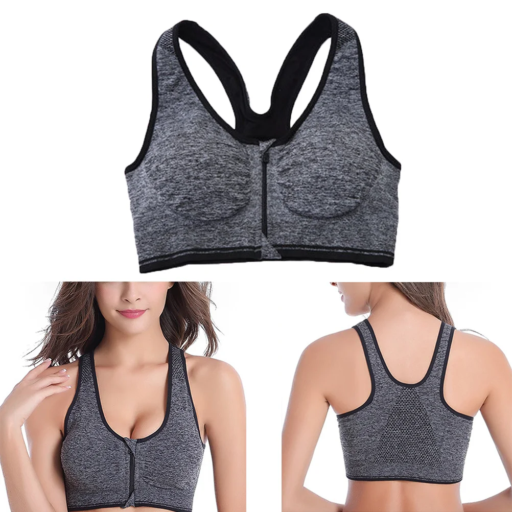 

Women's Front Zipper Wirefree Sports Bra Xl Gray Padded Shockproof Yoga Gym Running Fitness Bra for Women Support Bras