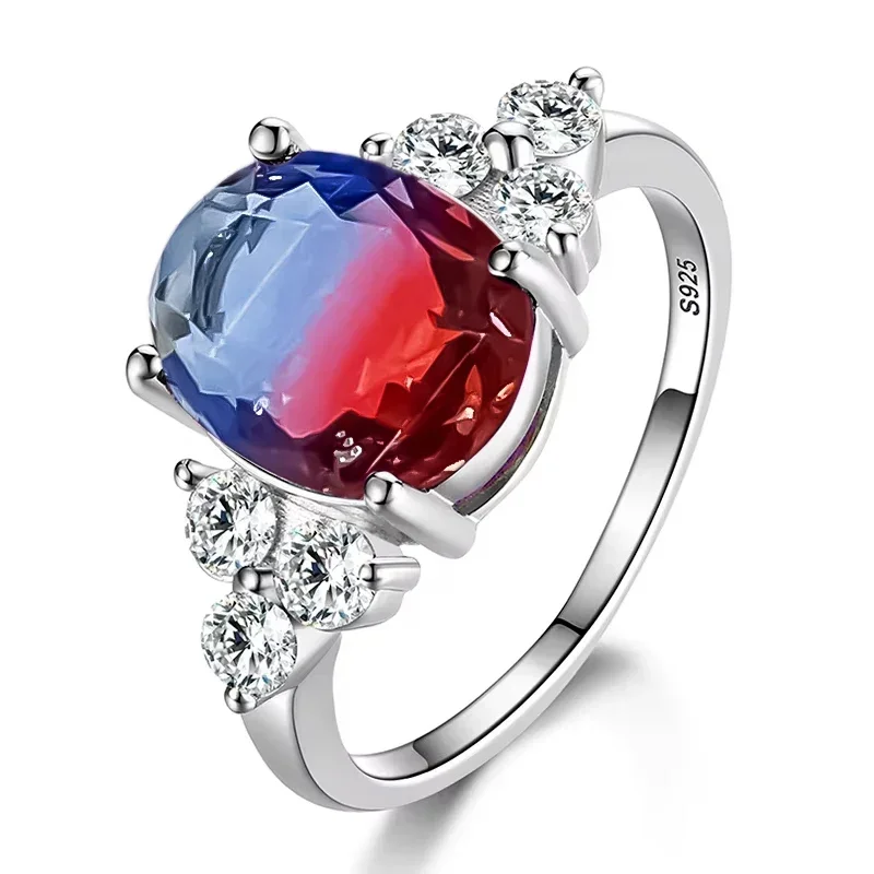 925 فضة الزركون مجوهرات للنساء خاتم أبيض وردي أزرق فاتح الشمبانيا البيضاوي موضة الزفاف حفلة خطوبة خاتم Gif #5