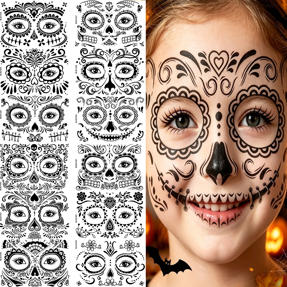 12pcs Halloween Day Of The Dead Face Temporary Tattoos Stickers Skull Heart Facial Tattoo Stickers Long Lasting Halloween Decor