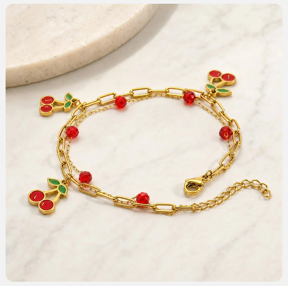 Vnox Boho Doppelschichtiges Vergoldetes Kirsch-Charm-Armband Süßes Niedliches Rotes Kristallperlen-Frucht-Armband Tägliche Accessoires Geschenk – Detail 5