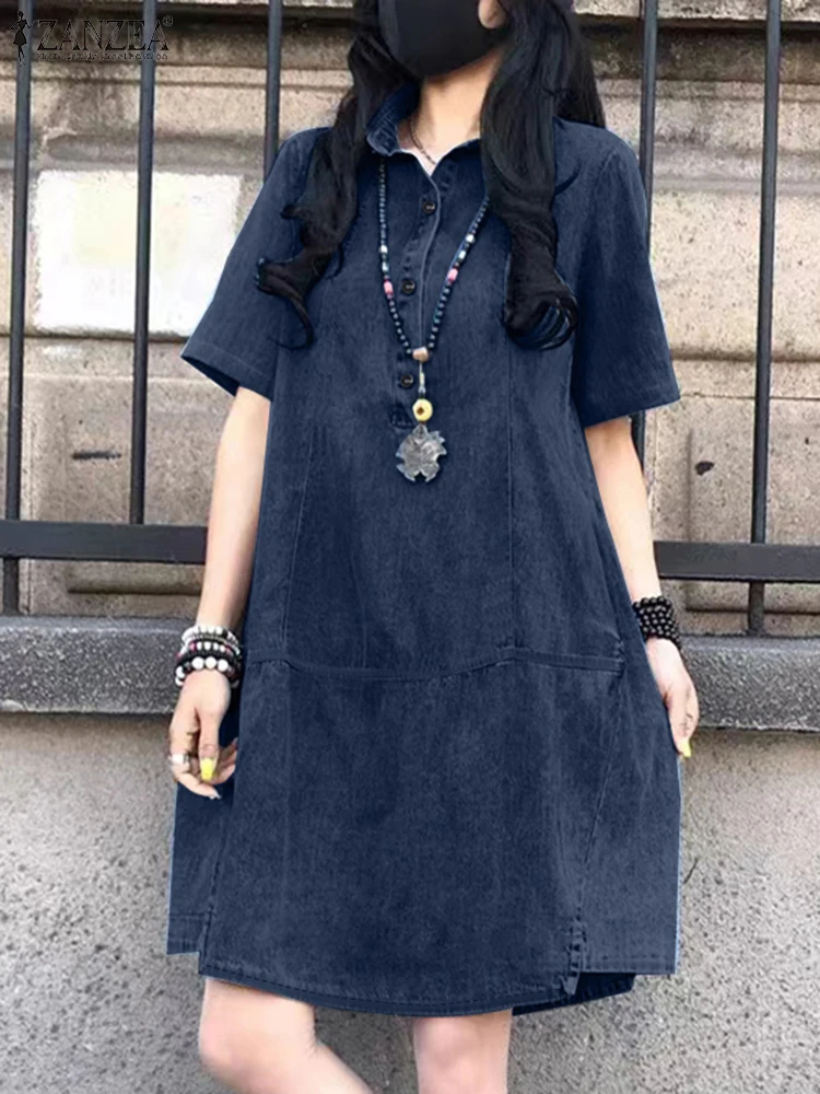 ZANZEA Women Short Sleeve Knee-length Dress Casual 2025 Summer Denim Blue Turn-down Collar Sundress Seamed Streetwear Vestidos