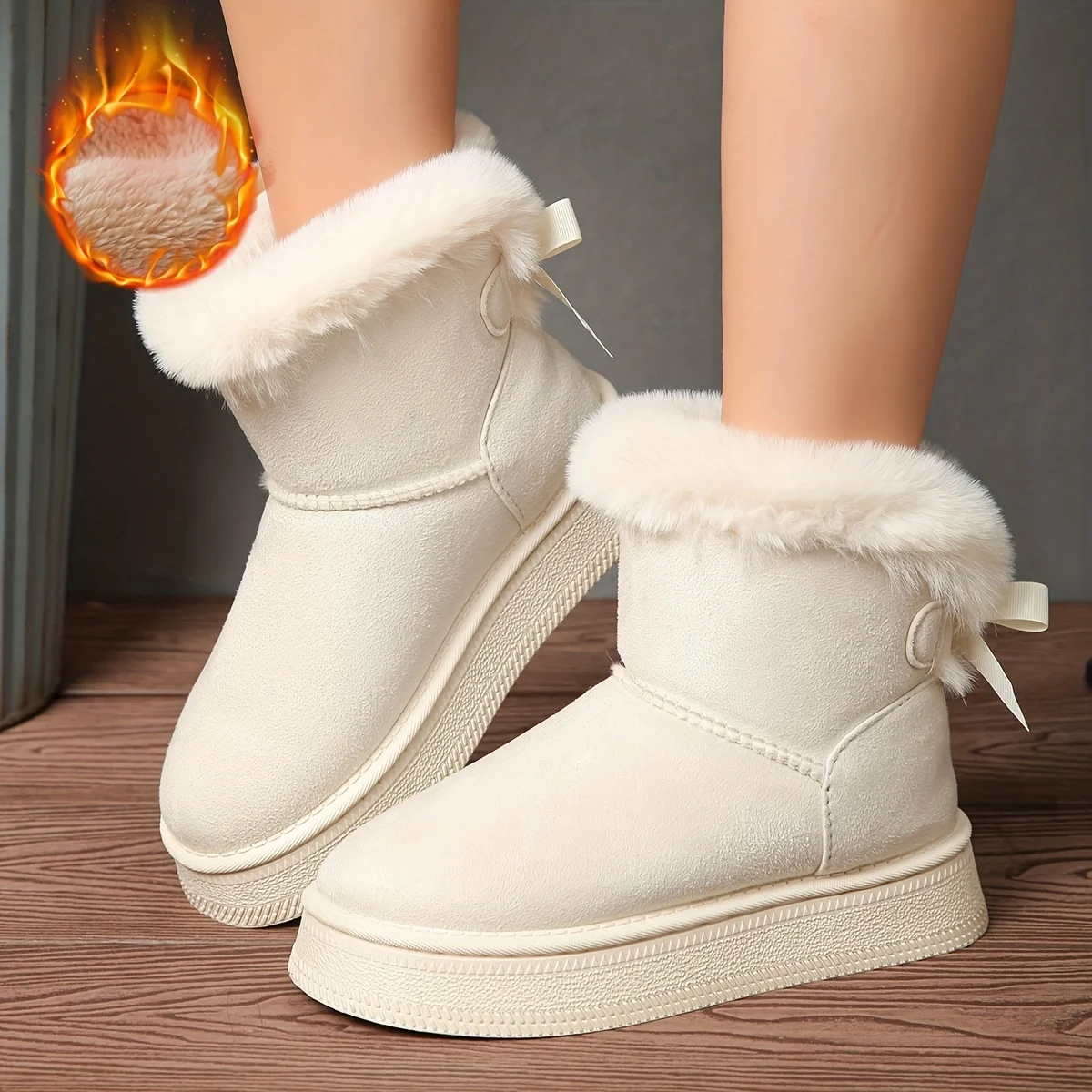 Botas de nieve para mujer con forro de piel, decoración de lazo, plataforma, suela gruesa, botines de ante cálidos con forro, antideslizantes, casuales, cortos, para uso diario en exteriores con clima frío. Disponibles en blanco, camel, negro y varios colores. Calzado de invierno cálido y a la moda para mujer.