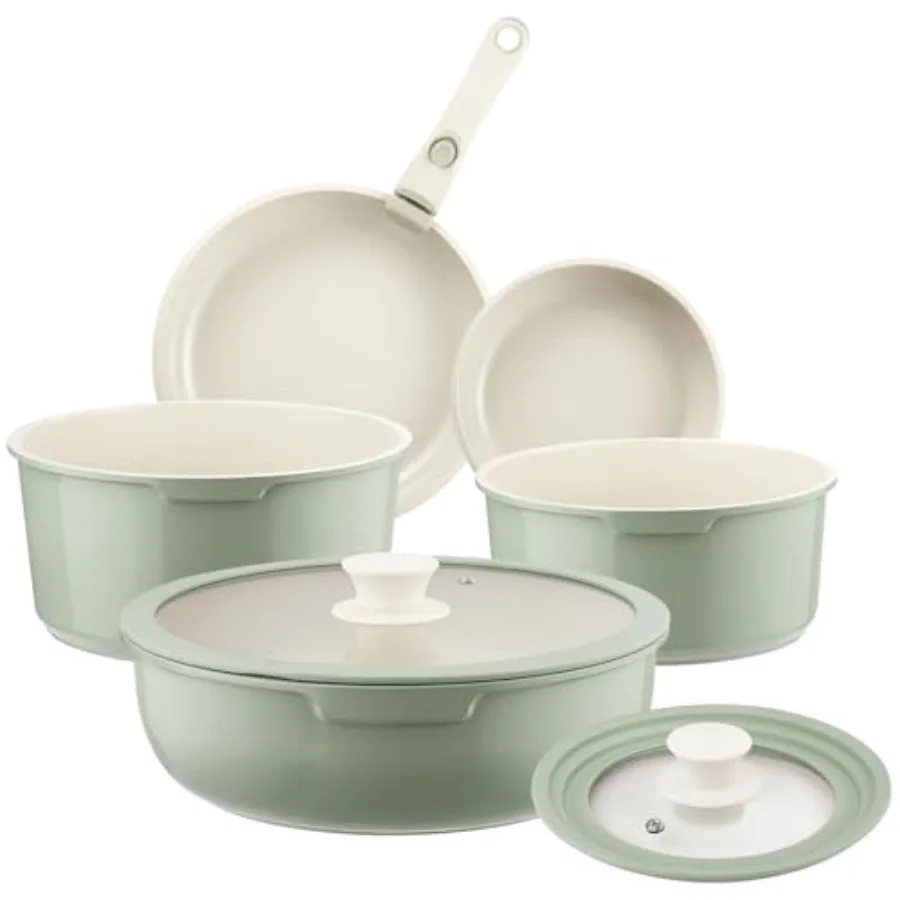 

Набор посуды из зеленой керамики с антипригарным покрытием, 8 предметов, со съемной ручкой, для автодомов, кемпинга, индукционных плит, без PFAS, PFOA, PTFE