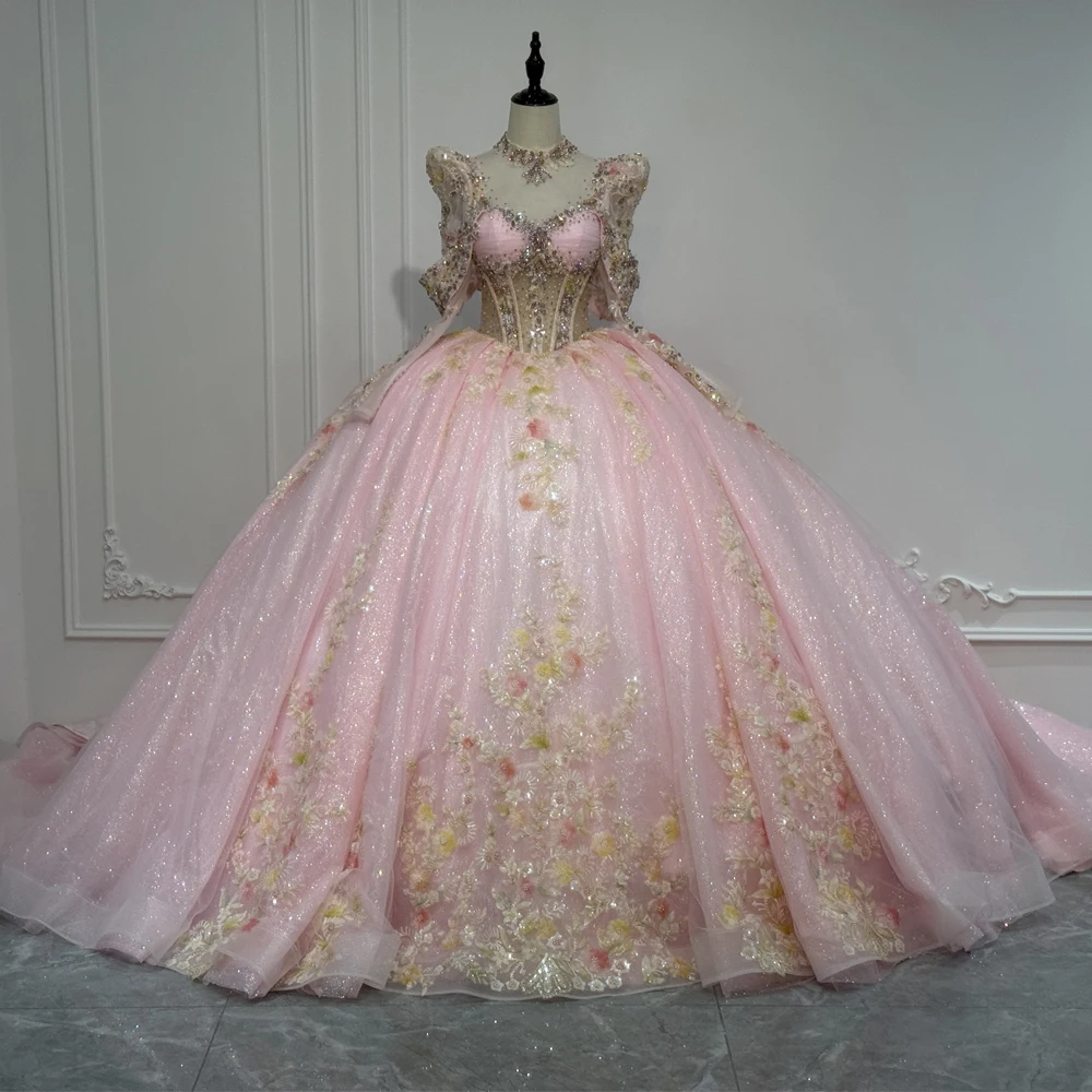 

Vestidos De Fiesta Elegantes High Quality Pink Long Sleeves Evening Prom Dress With Crystal Vestido De 15 Quinceañera
