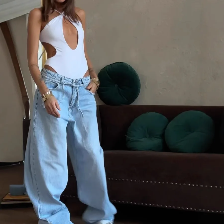 2025 High Waist Drawstring, Design Sense, Women Jeans, Loose Flared, Washed Light Blue, Women Wide Leg Pants