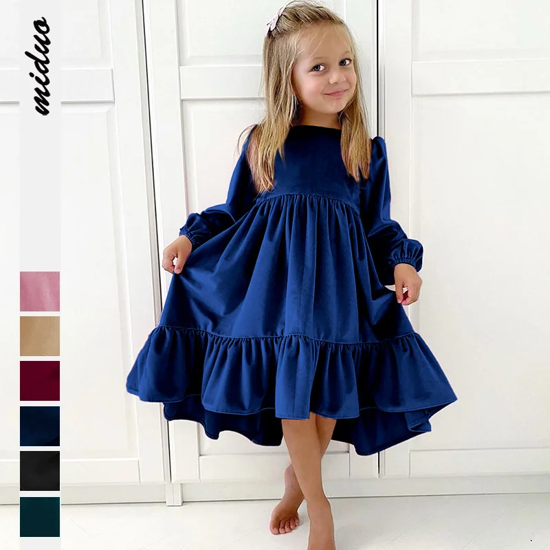 Girls Suede Ruffles Dresses Winter Kids Long Sleeve Cotton Solid Dress Big Children Fashion Party Princess Dress Girls Clothes