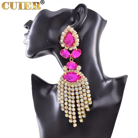 Cuier blending 17cm Strass ss28 lange Quaste Clip am Ohrring für Frauen Schmuck Kristall ab große Accessoires für Drag Queen