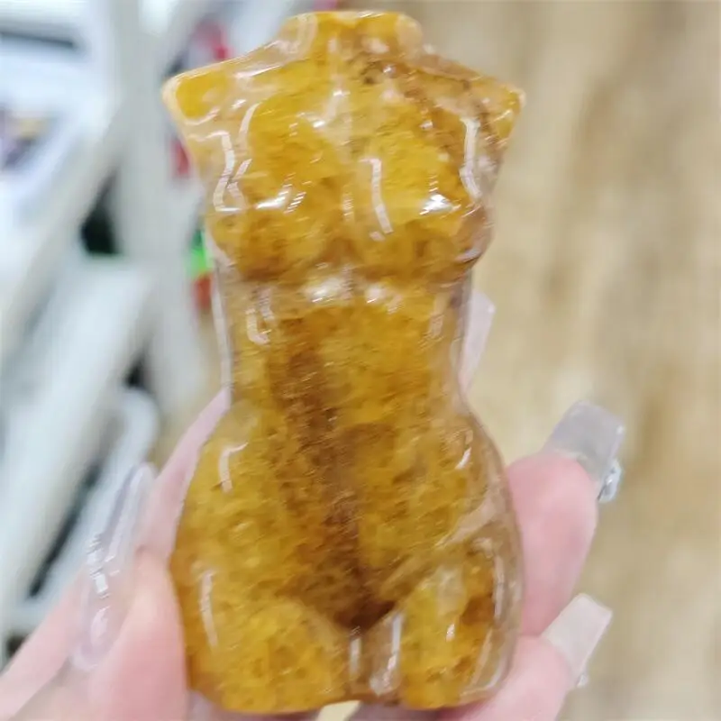 Natural Yellow Fire Quartz Hematoid Lady Body Carving Healing Crystal Gemstone Collectible Home Decoration Gift 1PCS