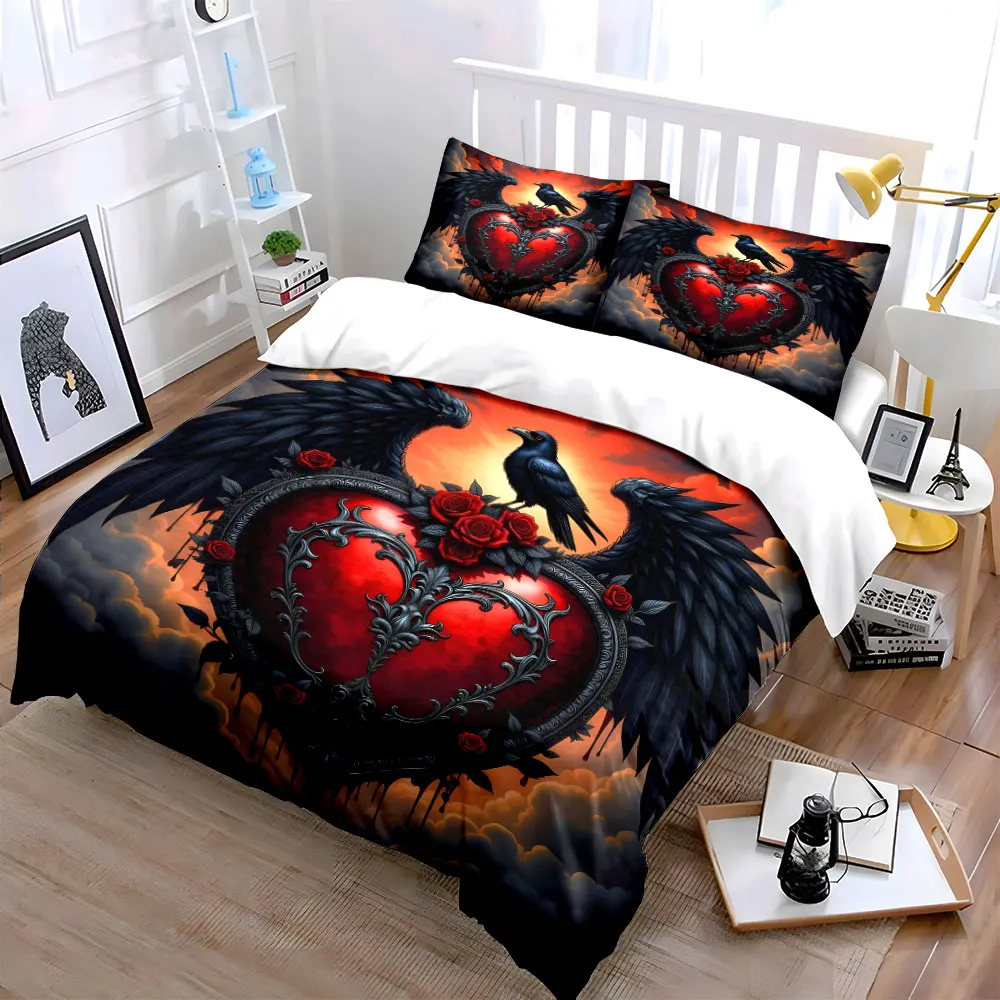 Gothic dark theme with red hearts and crows Print Bedding Set 1 Duvet Cover 2 Pillowcases for Adult and Children Luxury Gift
