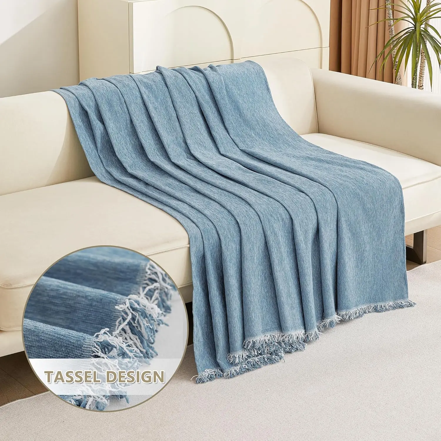 

Mysky Home Couch Covers Loveseat Couch Cover Blanket Blue Chenille Sofa Covers With Tassel Edge Living Room Large Futon Sofa