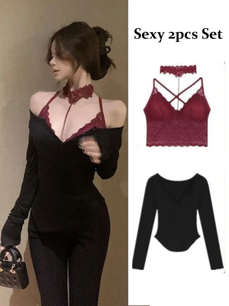 Sexy renda 2 peça conjunto fora do ombro manga longa camiseta feminina halter espartilho topo cami conjunto blusa básica festa à noite outwear