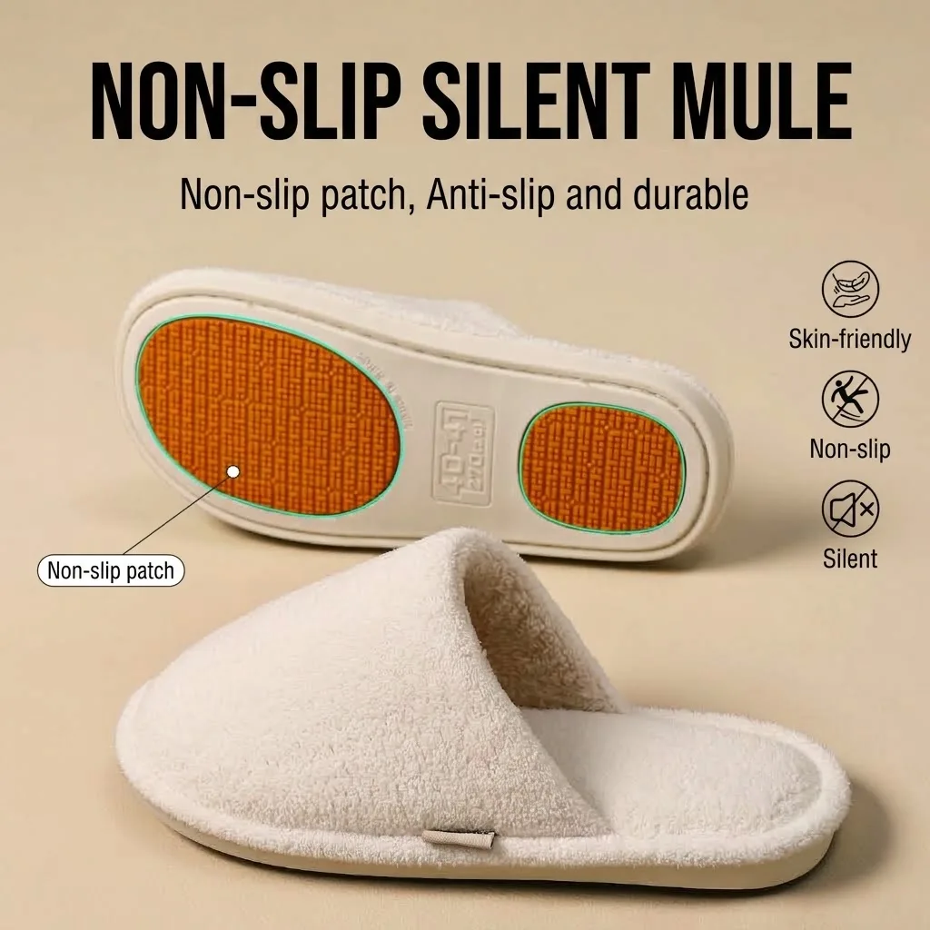 Unisex Silent Soft Sole Slippers Men Women Non Slip Patch Soft Plush Fleece Mules Noise Reduction Indoor Bedroom House Slides