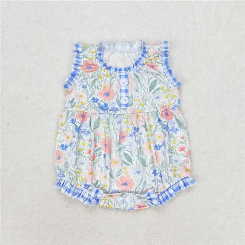 Wholesale hot sale western boutique jumpsuits baby girls clothes rompers newborn toddler Floral pink lace bow vest onesies