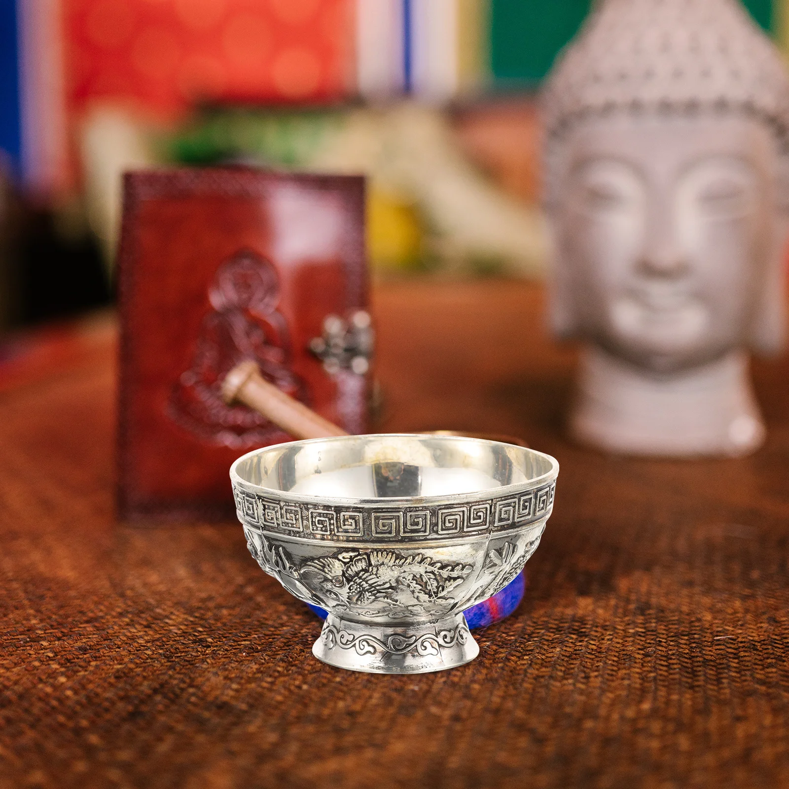 

Copper Vintage Dragon Phoenix Pattern Offering Bowl Religious Worship Water Container Temple Sacrifice Bowl