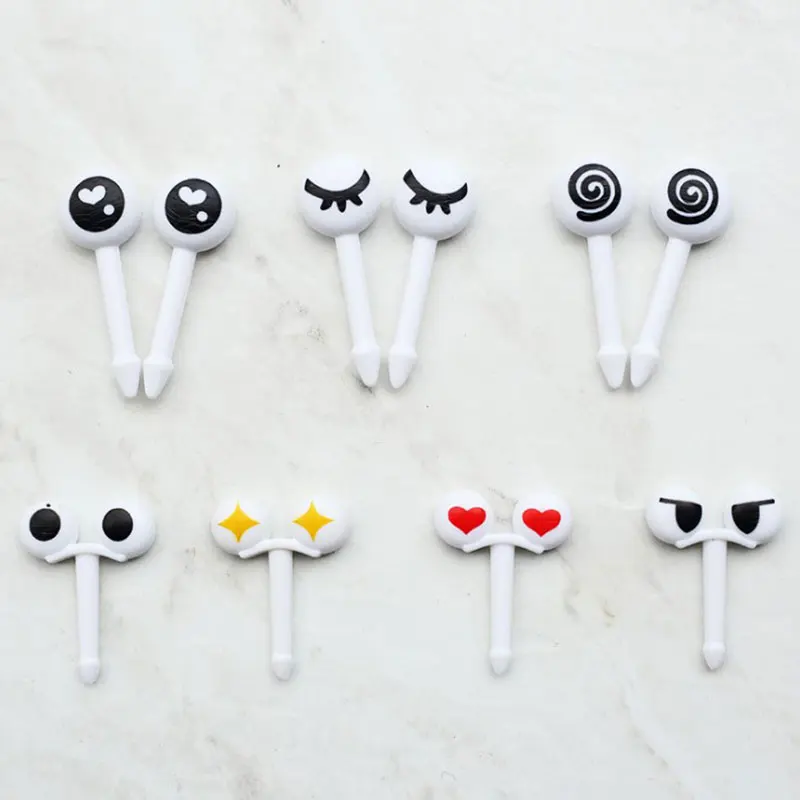 10Pcs/Set Cute Cartoon Eyes Kawaii Mini Skewers Reusable Food Grade Plastic Forks for Lunch Bento Box Home Fruit Fork
