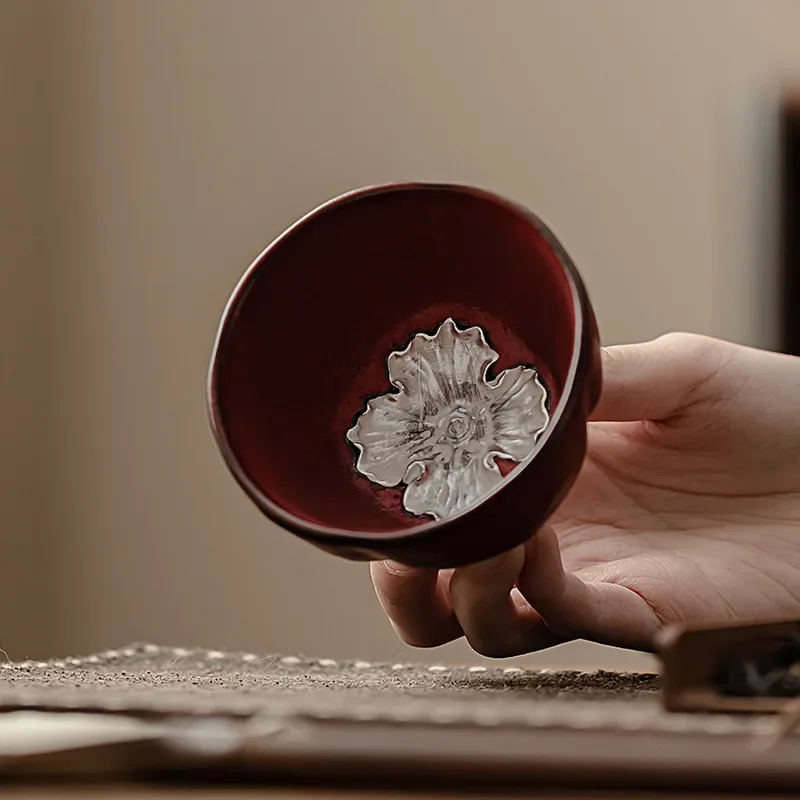 

ForbiddenCity Cultural Ceramic Persimmon Design Master Cup Shino Ware Kung Fu Tea Set Handmade Silver Glazed Drinking Cup Single