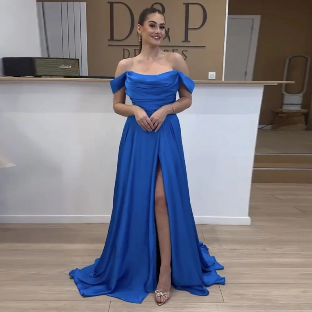 

Eightale Blue Evening Dress Satin off the Shoulder A-Line Pleats Arabic Prom Gown Wedding Party Dress Vestidos De Noch