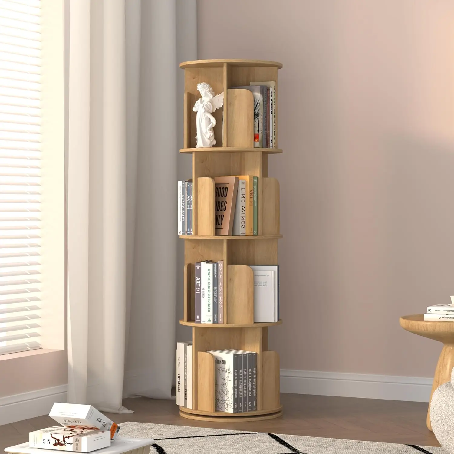 4 Tier Rotating Bookshelf Tower, 360° Spinning Corner Bookcase, Tall Narrow Storage Rack for Home Living Room, Customized