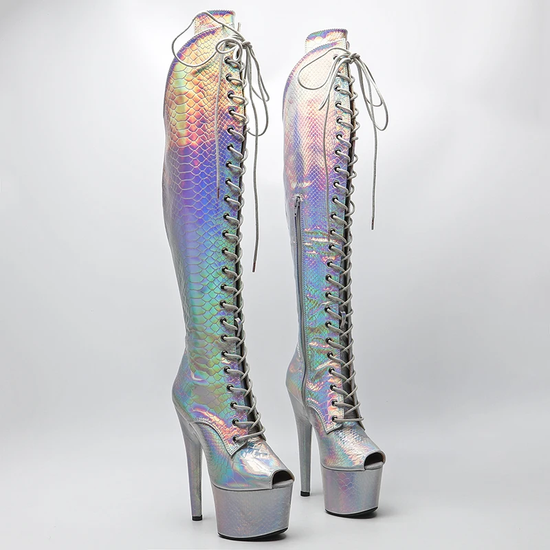 

Leecabe 17CM/7inches holography Snake Upper Small Open toe Pole dancing shoes High Heel platform Pole Dance boot