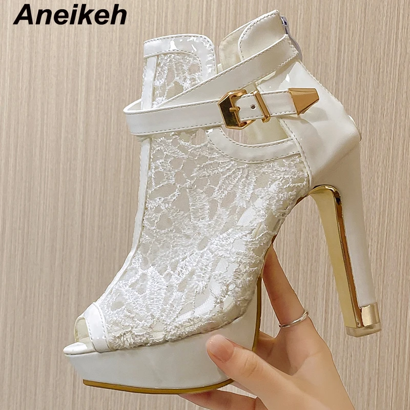 Aneikeh 2024 Summer New Lace up Ankle Boots Women\'s Open Toe Zipper Button High Heels Party Chelsea Boots Black  White 35-42