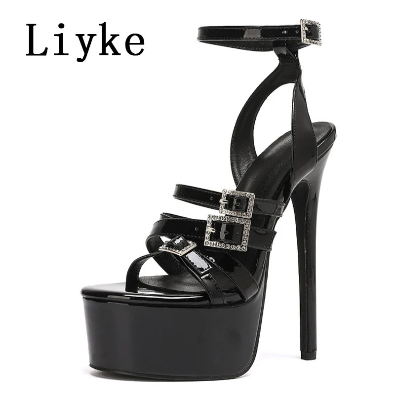 Liyke Model Show Super High Heels Stiletto Women Platform Sandals Fashion Open Toe Crystal Buckle Ladies Wedding Stripper Shoes