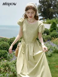 MISHOW French Vacation 100 Cotton Dress 2024 Summer Round Neck Waist Green Dress Double Layered Flying Sleeve Dresses MXD26L1956