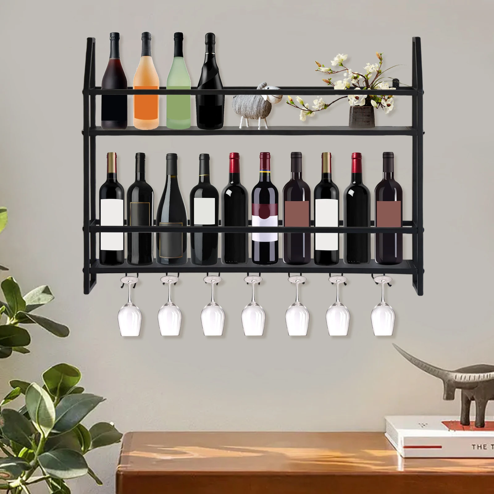 

Wine Racks Wall Mounted Wine Bottle Holders Wine Glass Organizer Black 12 Standard Wine Bottles and 7 Goblet Glasses