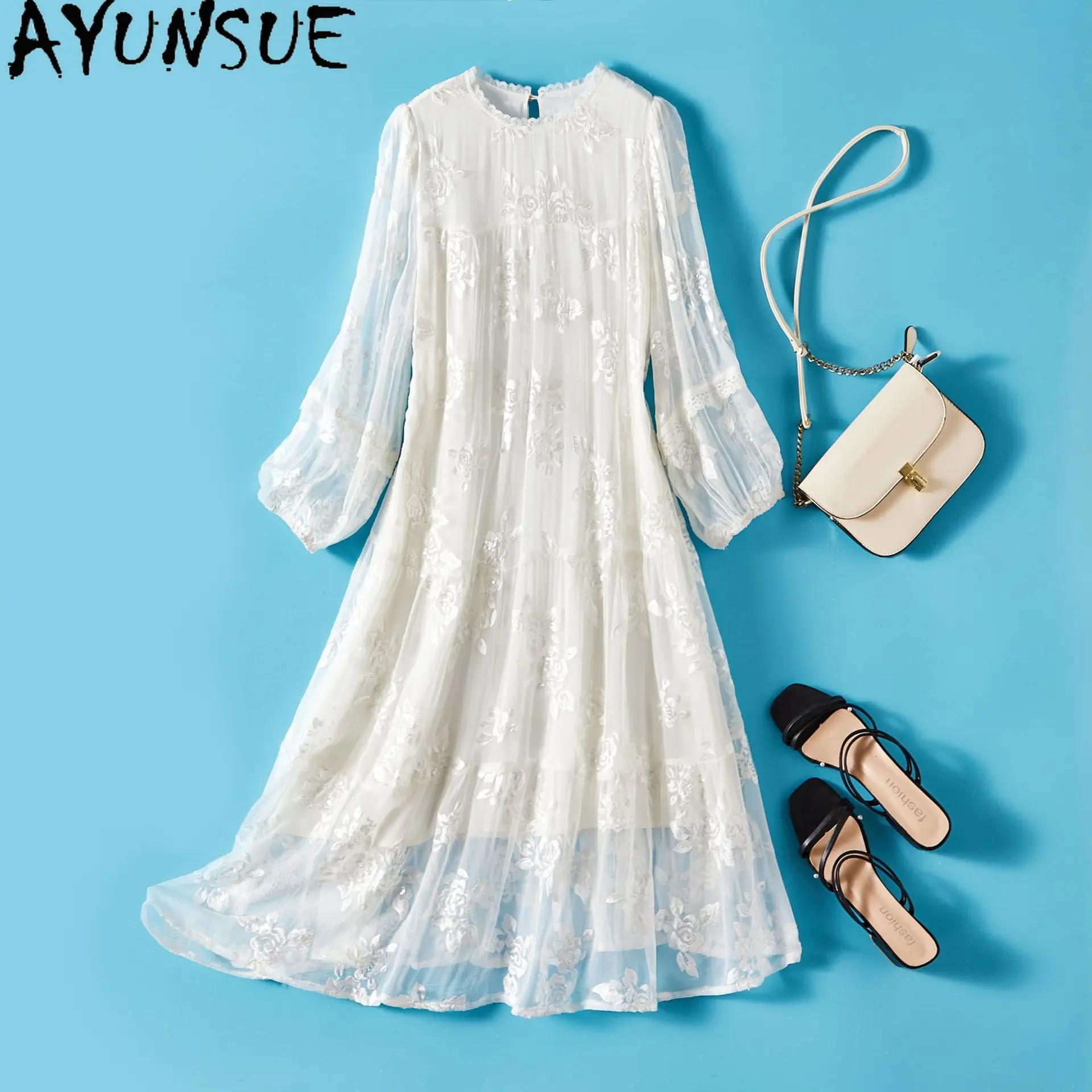 

AYUNSUE 100% Mulberry Silk Embroidery Luxury Dress Woman Vacation Style White Dresses for Woman Clothes 2025 Vestidos De Mujer