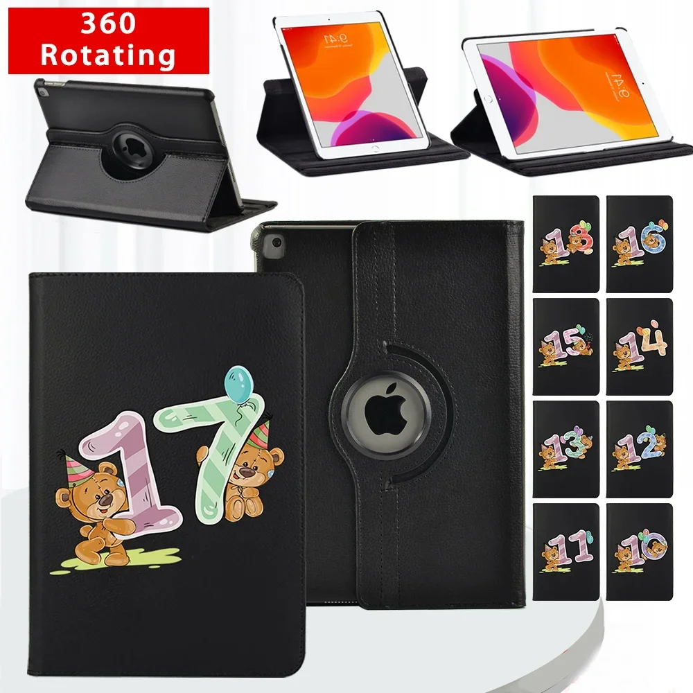 

360 Degrees Rotating Tablet Case for Apple IPad 5th/6th/7th/8th/9th/Mini 1/2/3/4/5/IPad 2/3/4 Leather Bear Pattern Stand Cover