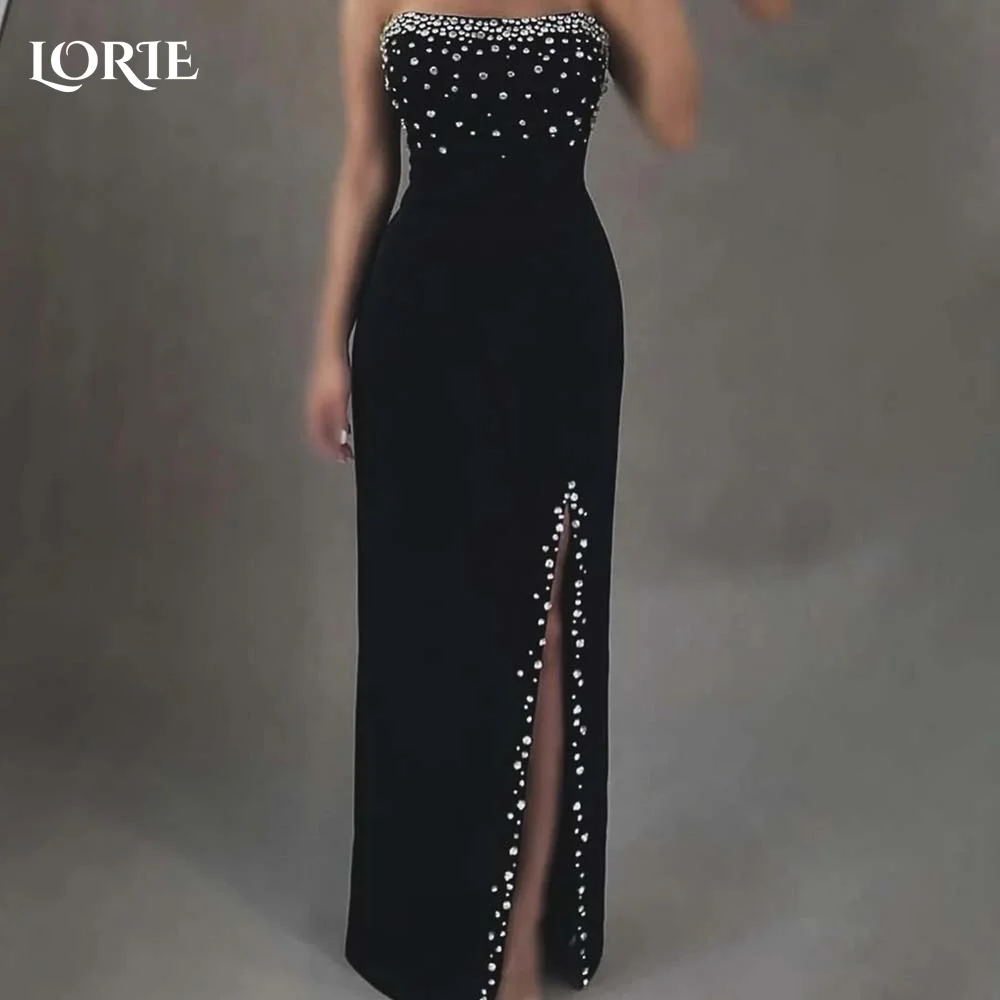 LORIE Black Evening Dresses Stone Split Saudi Prom Dress Straight Backless Women Clebrity Party Gown 2024 Club Party Dresses