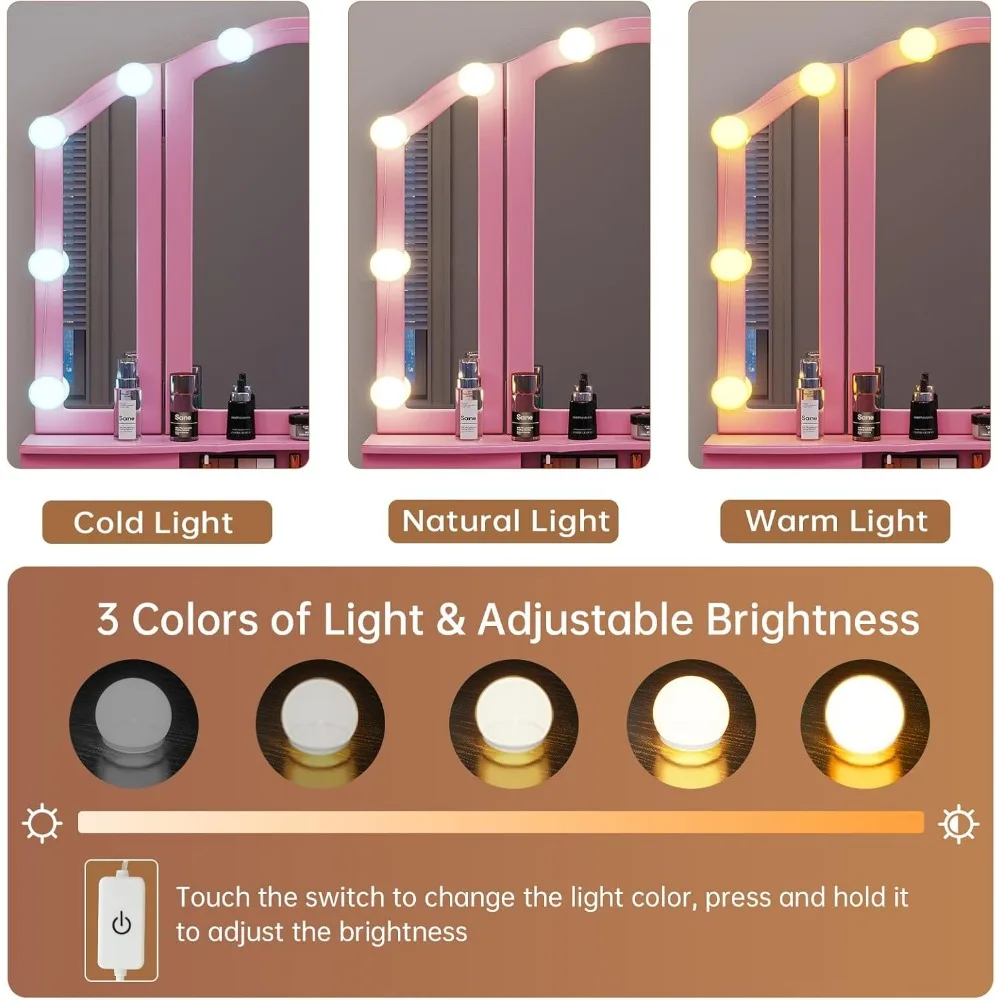 Mesa de vaidade de maquiagem com espelho triplo, 5 gavetas, 8 luzes, banco estofado para aplicação de maquiagem profissional