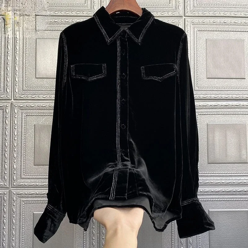 

Korean Blouse Women Clothing Temperament Velvet Long Sleeve Shirts Oversized Tops Fashion Casual Black Blouses Camisas Top B738