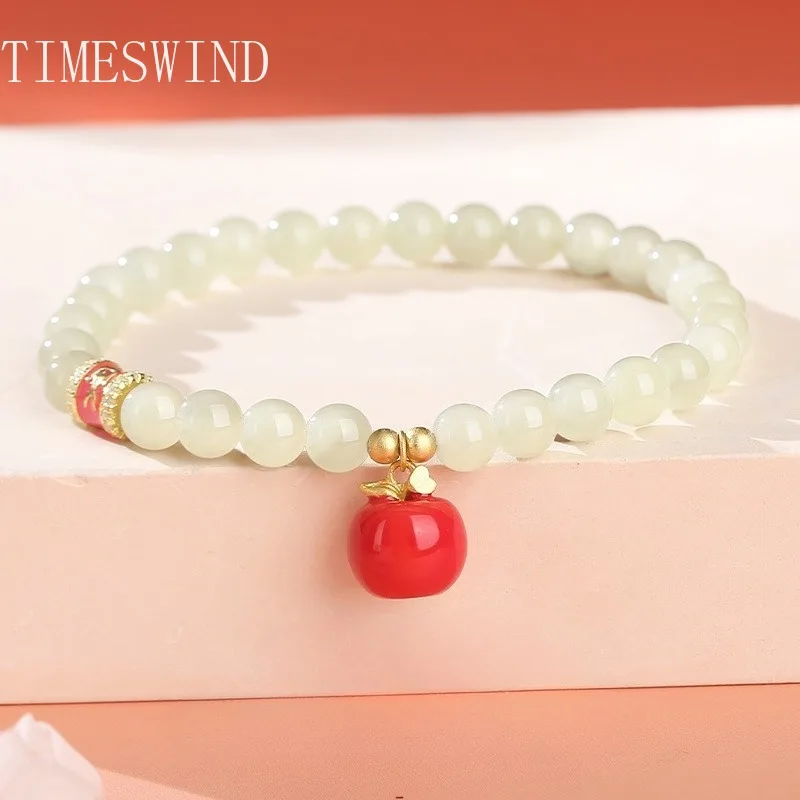 

TIMESWIND Аутентичные нефритовые белые круглые бусины Безопасность Красное яблоко S925 Женский браслет Модные украшения с сертификатом
