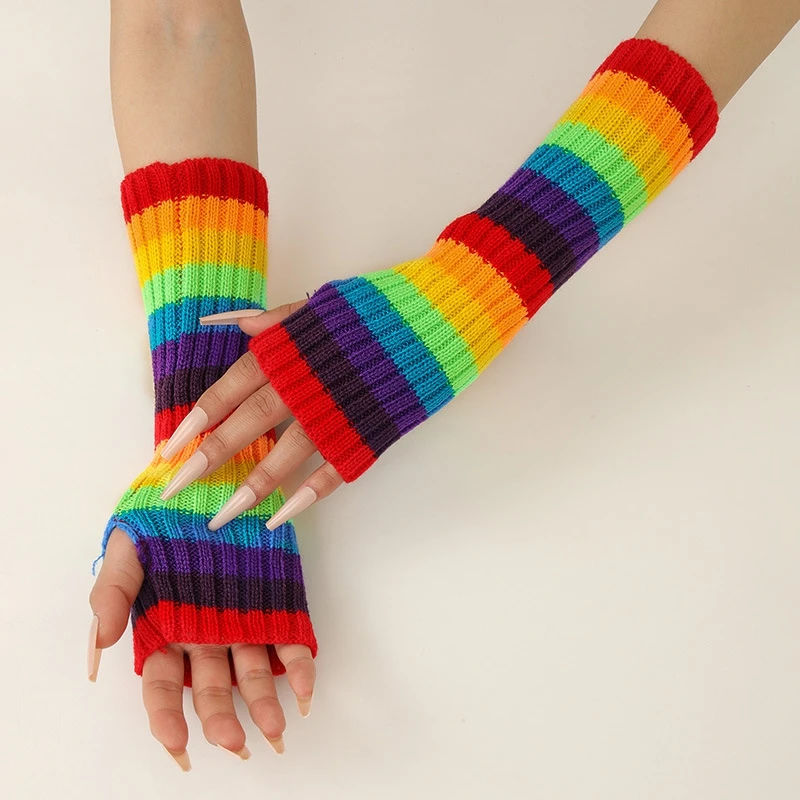 Lolita Knitted Striped Arm Sleeves Winter Elbow Length Long Fingerless Gloves Colorful Warm False Sleeves Cuffs Party Accessory
