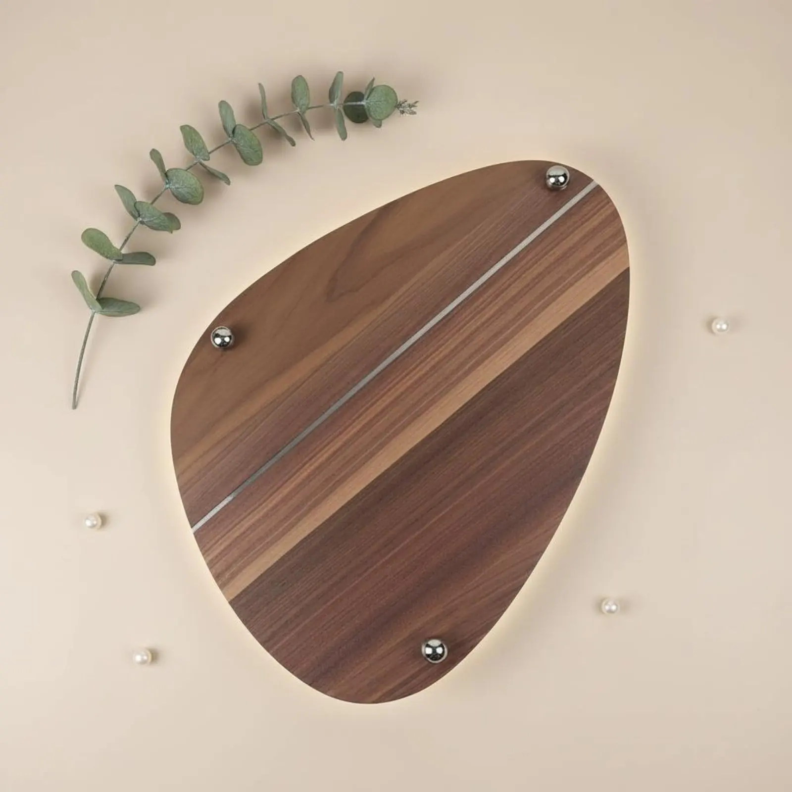 

Walnut and Steel Decorative Tray Modern Design Modernist Wood Fruit Tray Irregular Shape Serving Platter for Kitchen Counter