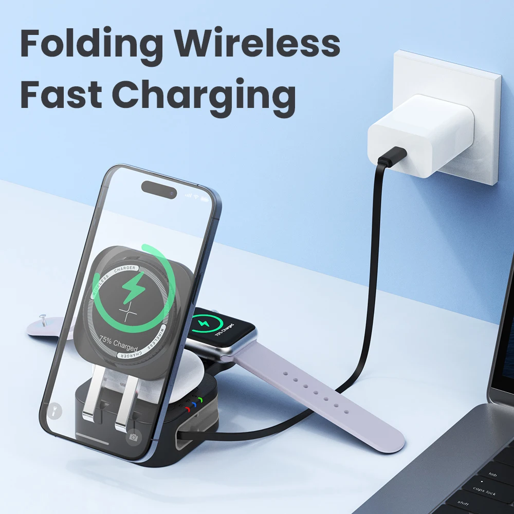 

Магнитная складная беспроводная зарядная станция 3-в-1 для Magsafe iPhone 17 16 15 14 13, Apple Watch, AirPods Pro – быстрая зарядка