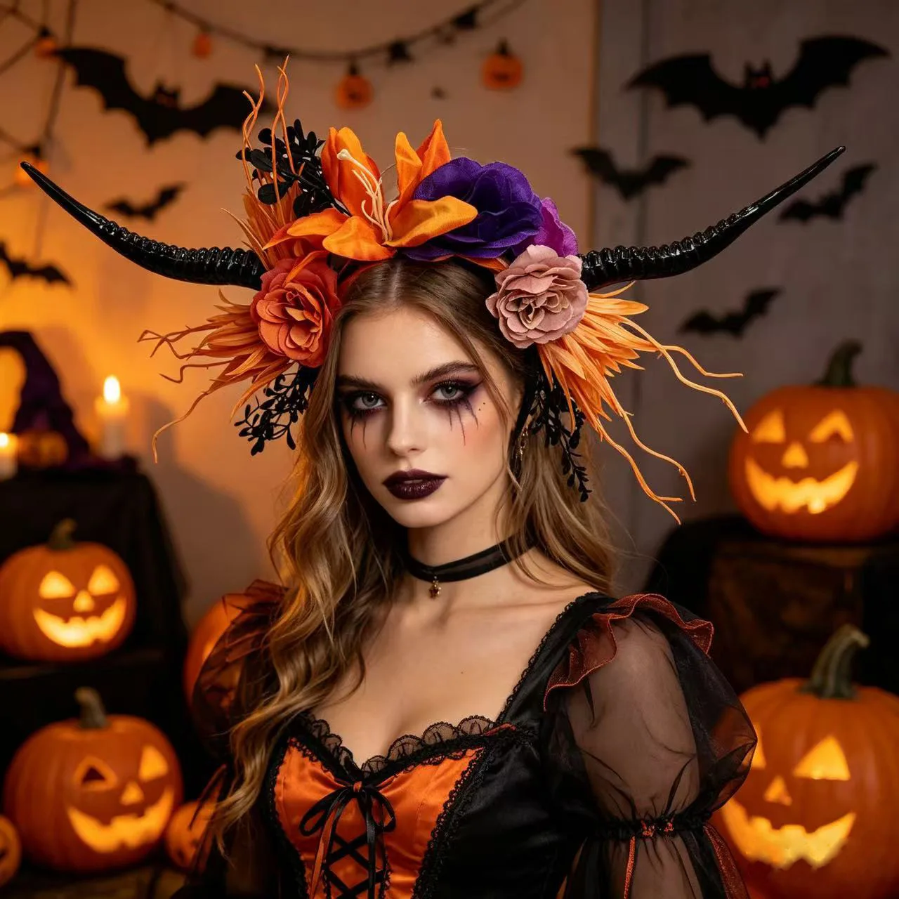26 Million Halloween Dark Hair Band Witch Demon Antelope Horn Flower Headband Ghost Festival Party Demon Horn Headwear Female