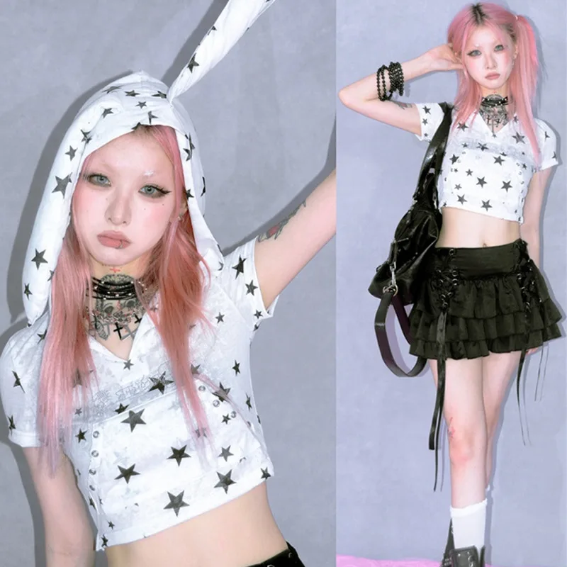 

Y2K Bunny Ear Hooded Crop Top for Women, Slim Fit Star Print T-Shirt with Short Sleeves, Girl Aesthetic Subculture Fashion Tee