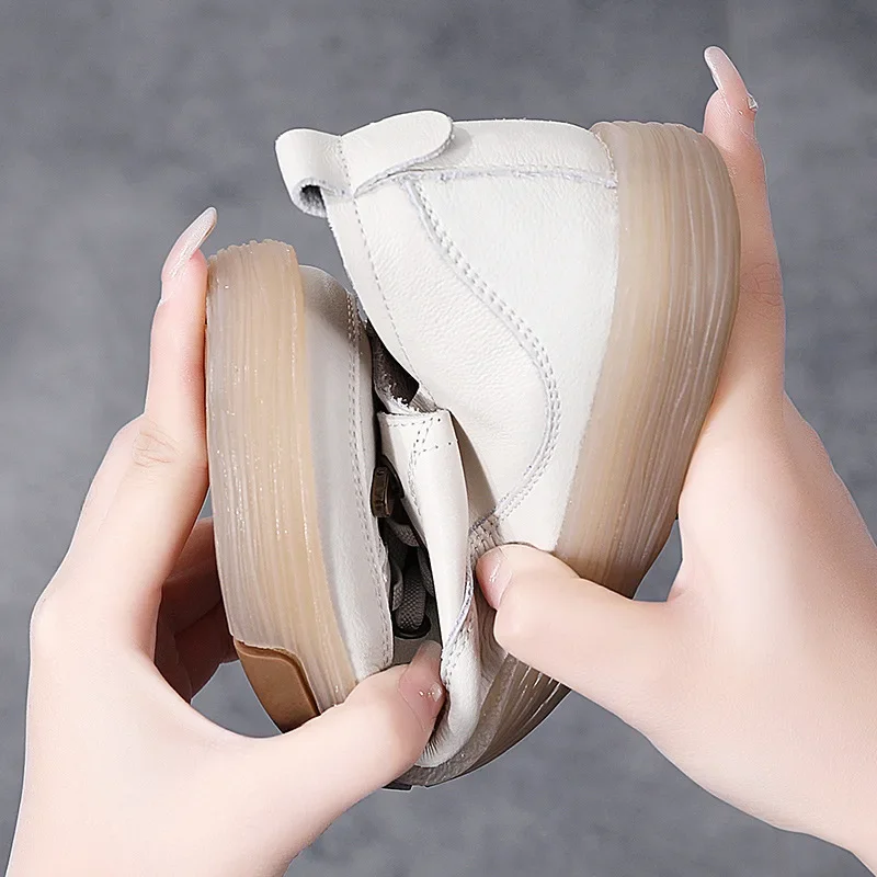Genuine Leather Women Soft Sole Walking Shoes Girl Student Jooging Sneaker White Black Flats Female Casual Skate Trainers Summer image 5