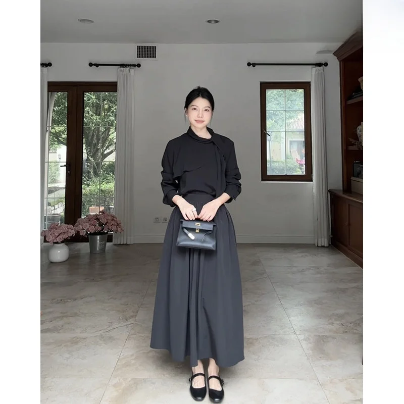 

Комплект из длинной рубашки и юбки с простым дизайном подола в форме зонта для женщин, осенняя модная верхняя одежда