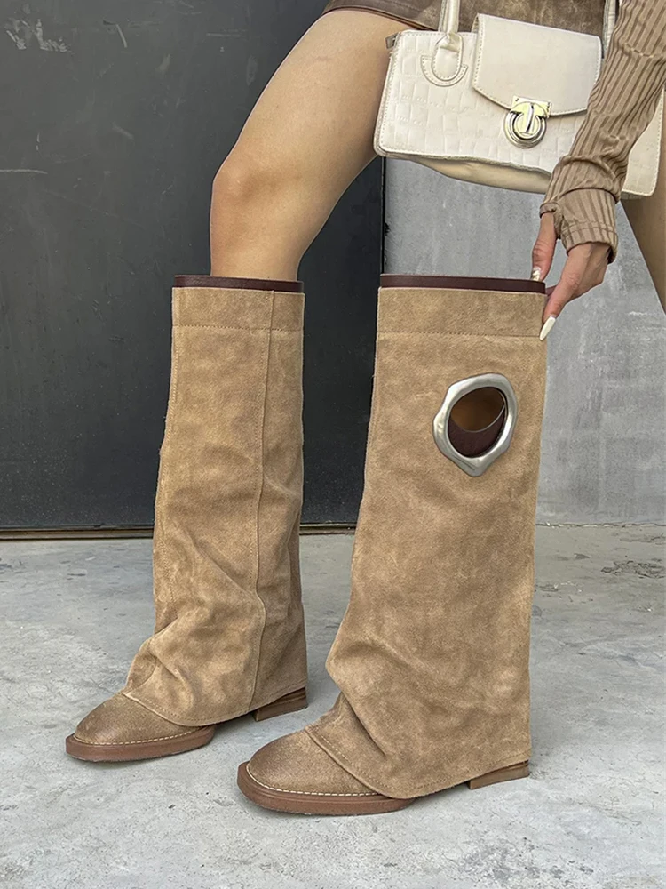ZAROY Suede Knee High Boots Women Autumn Winter Square Toe Straight Leg Long Booties Punk Hole Chunky Heels Brand Designer Botas image 2