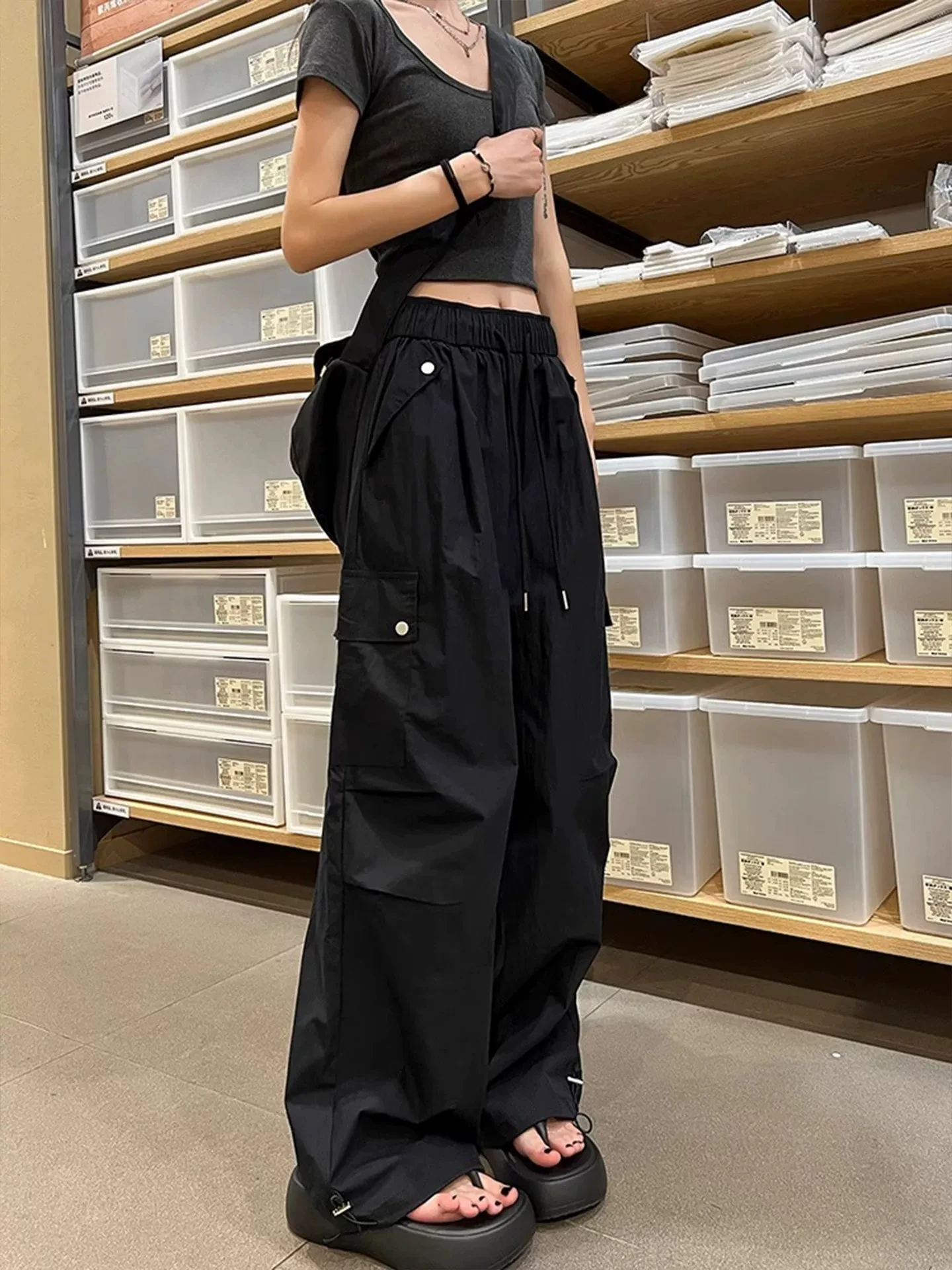 Black High Waist Straight Leg Wide Leg Pants Women's Summer Loose Slimming Multi-Pocket Quick Dry Workwear Trousers