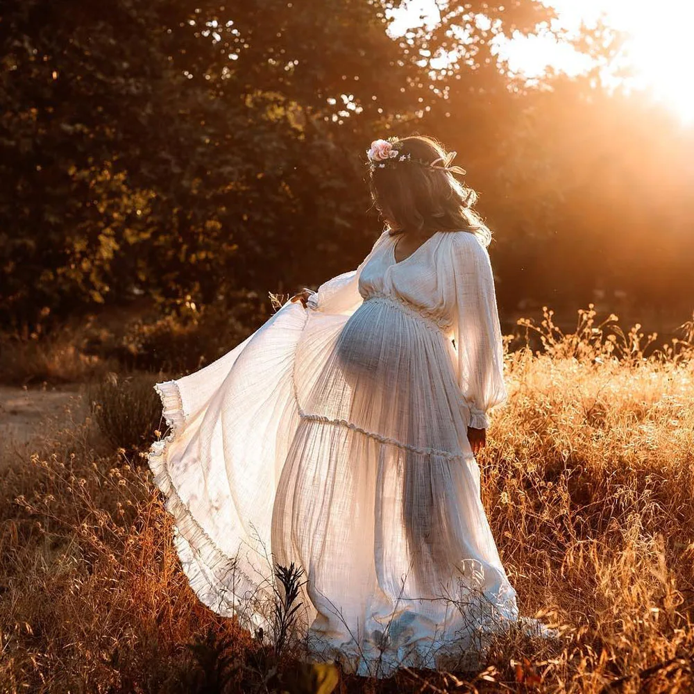 Fotografie-Kleid für Frauen, bequemes Leinen-Baumwoll-Langarmkleid mit V-Ausschnitt, Umstandskleider für Fotoshooting-Kleid