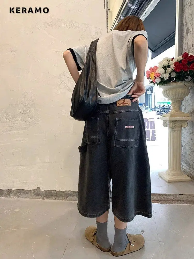 

Grunge Street Retro Capris High Waist Jeans Y2K Baggy 2000s Washed Denim Trouser Vintage Casual Minimalist Calf Length Pants