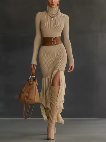 Turtleneck Bodycon Dress for Women Long Sleeve Knitted Maxi Dress Elegant Asymmetrical Ruffle Hem Evening Party Midi Dresses
