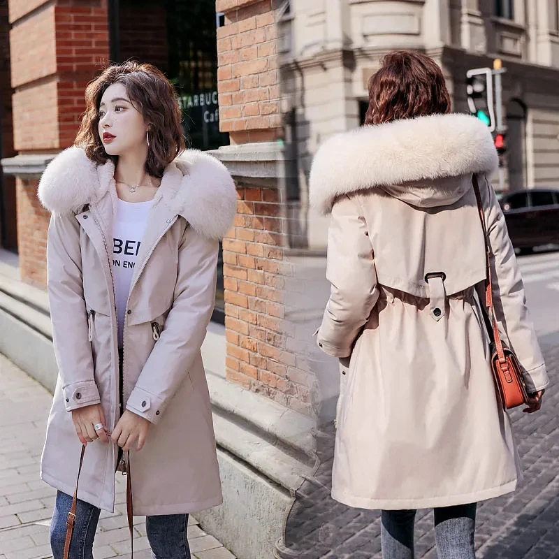 Super Warm Faux Fur Collar Winter Coats Elegant Slim Velvet Lined Hooded Parka Women Oversize 95kg Mid Length Plush Thick Jacket