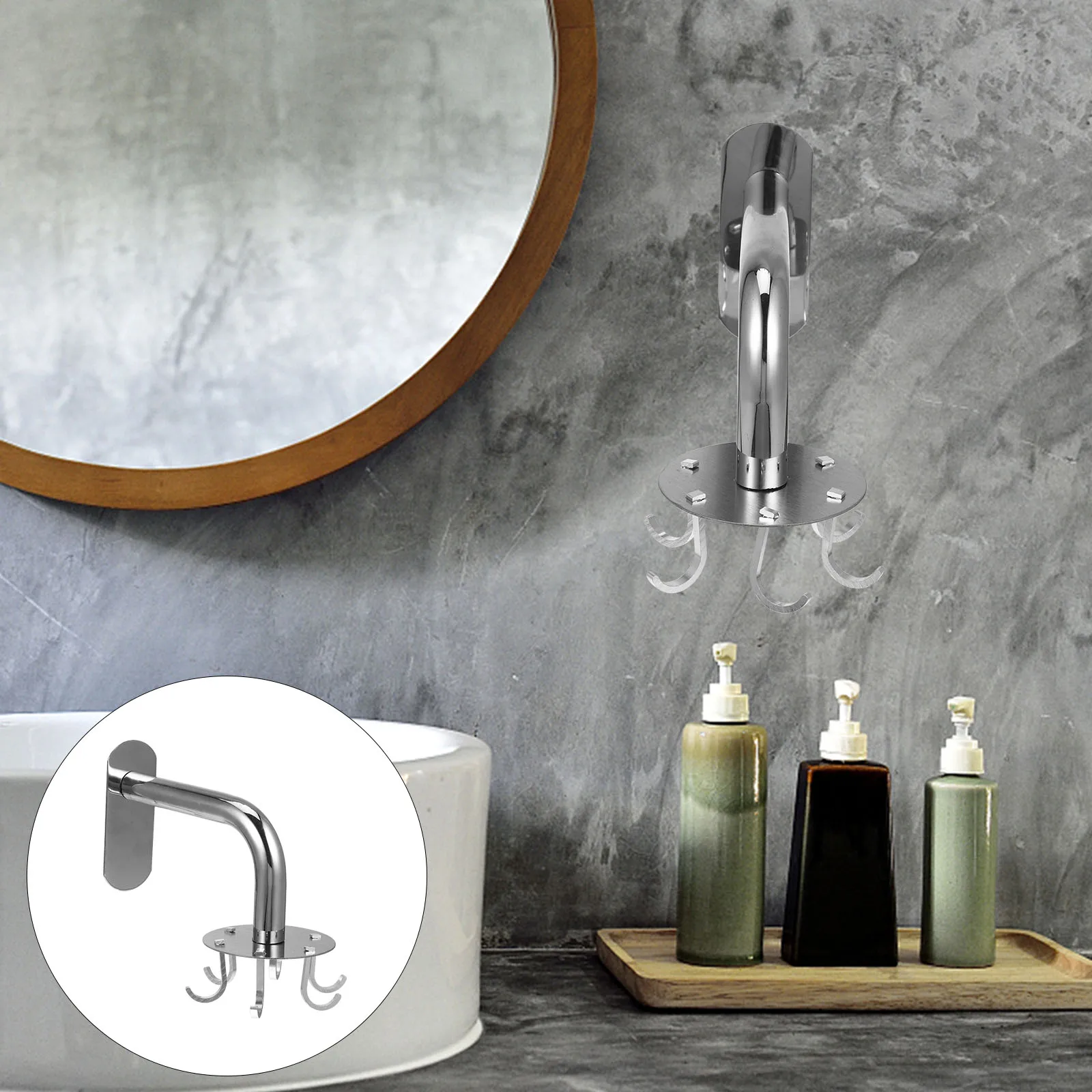 

1Set No Punching Stainless Steel Rotating Hook Wall Hanger Kitchen Bathroom Anti-Rust Multi-Purpose Household Storage