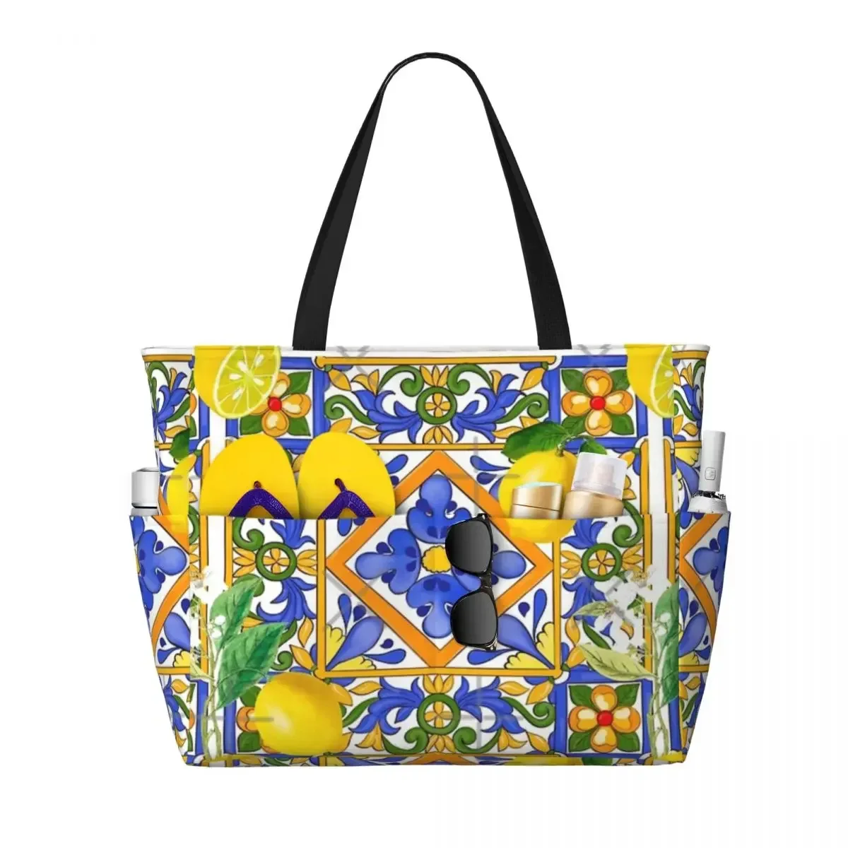 Summer Sicilian Tiles Citrus Oranges Beach Travel Bag, Tote Bag Trendy Shopping Gifts Shoulder Bag Multi-Style Pattern