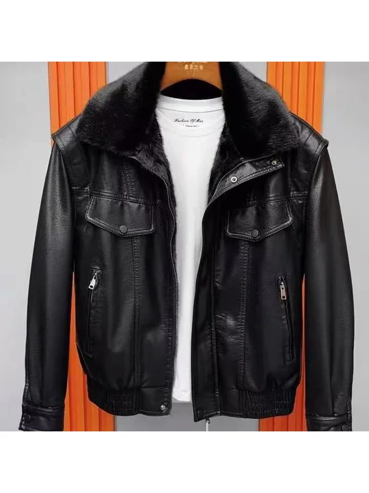

Men's PU Leather Jacket Autumn Winter Warm Fleece Lined Coat Non Detachable Fur Collar Business High Quality Stylish Short St...
